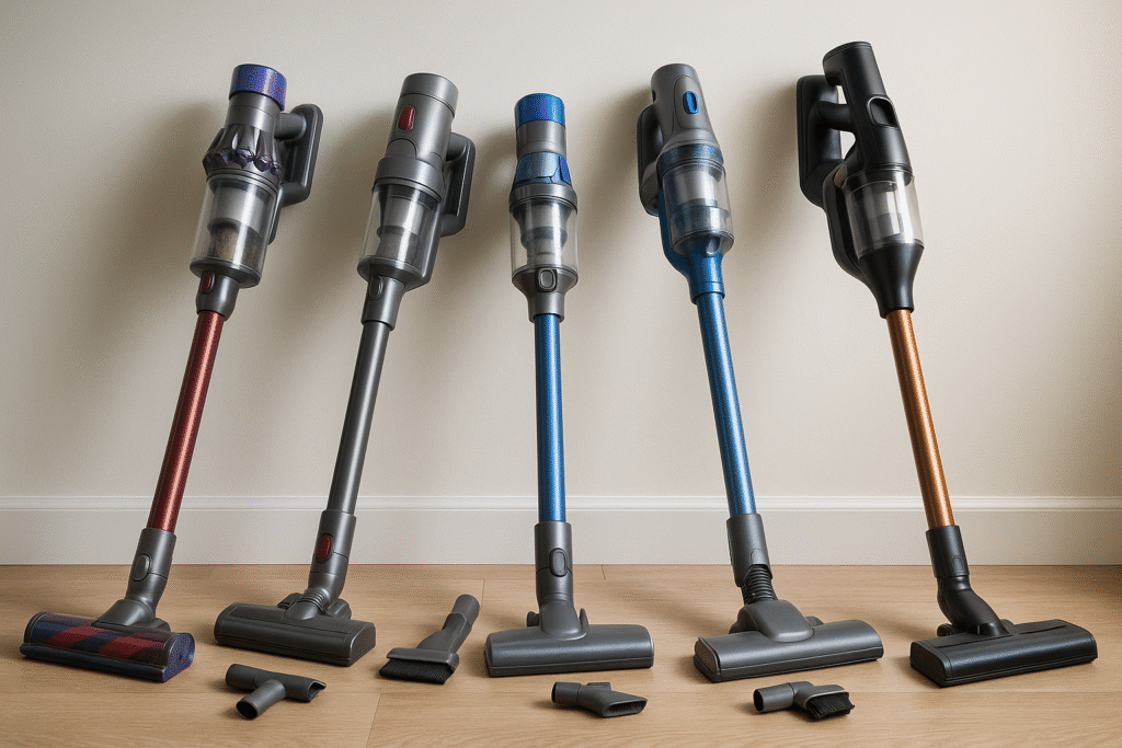 Imagen que muestra Las Mejores Aspiradoras Sin Cable Calidad-Precio, alineadas sobre un suelo de madera con sus accesorios, destacando diseño y funcionalidad.