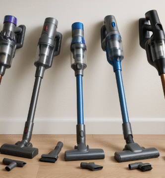 Imagen que muestra Las Mejores Aspiradoras Sin Cable Calidad-Precio, alineadas sobre un suelo de madera con sus accesorios, destacando diseño y funcionalidad.