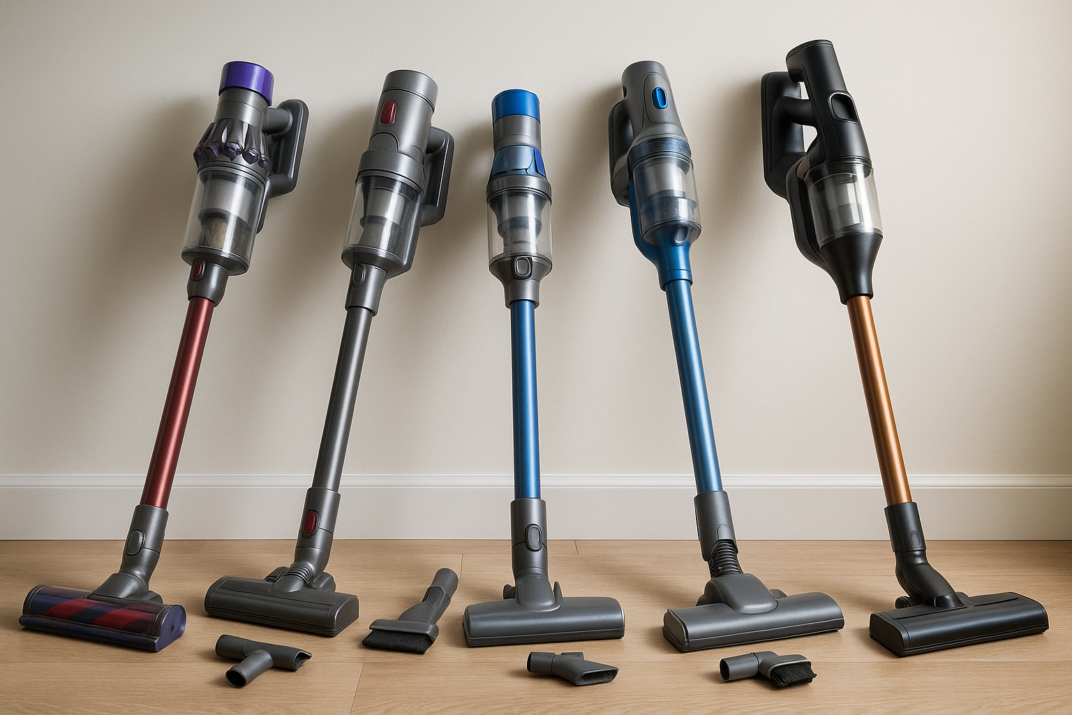 Imagen que muestra Las Mejores Aspiradoras Sin Cable Calidad-Precio, alineadas sobre un suelo de madera con sus accesorios, destacando diseño y funcionalidad.