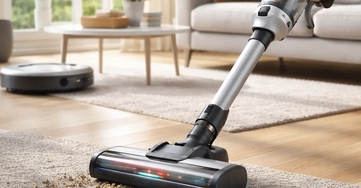 Aspiradora sin cable limpiando alfombra en un salón luminoso, con robot aspirador al fondo