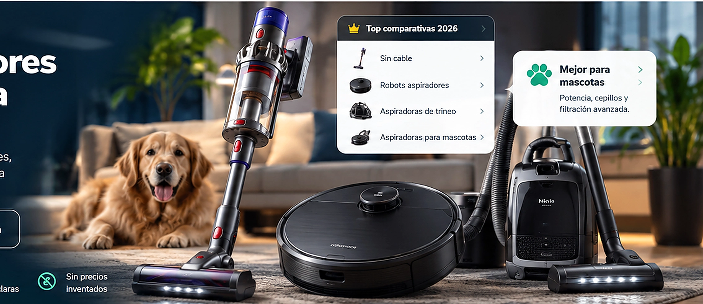 Escena de salón con perro y aspiradoras escoba, robot y trineo, según la referencia editorial